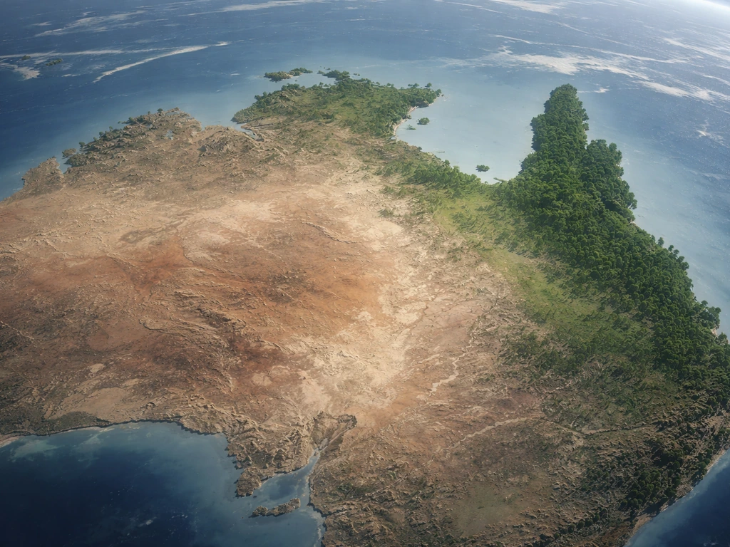 Top-down view of Australia with lush Far North Queensland contrasted against drier, cooler regions.