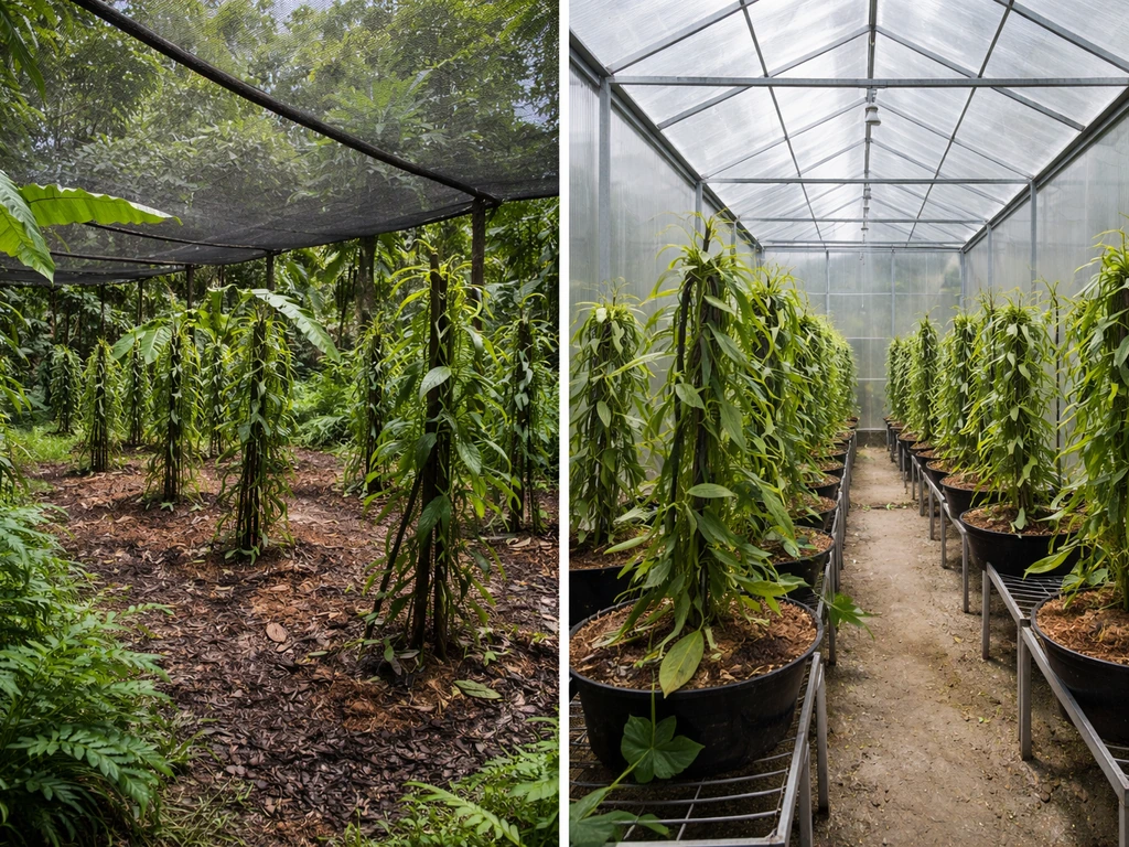 Split view of a tropical outdoor vanilla growing area versus a clean enclosed greenhouse/shadehouse setup