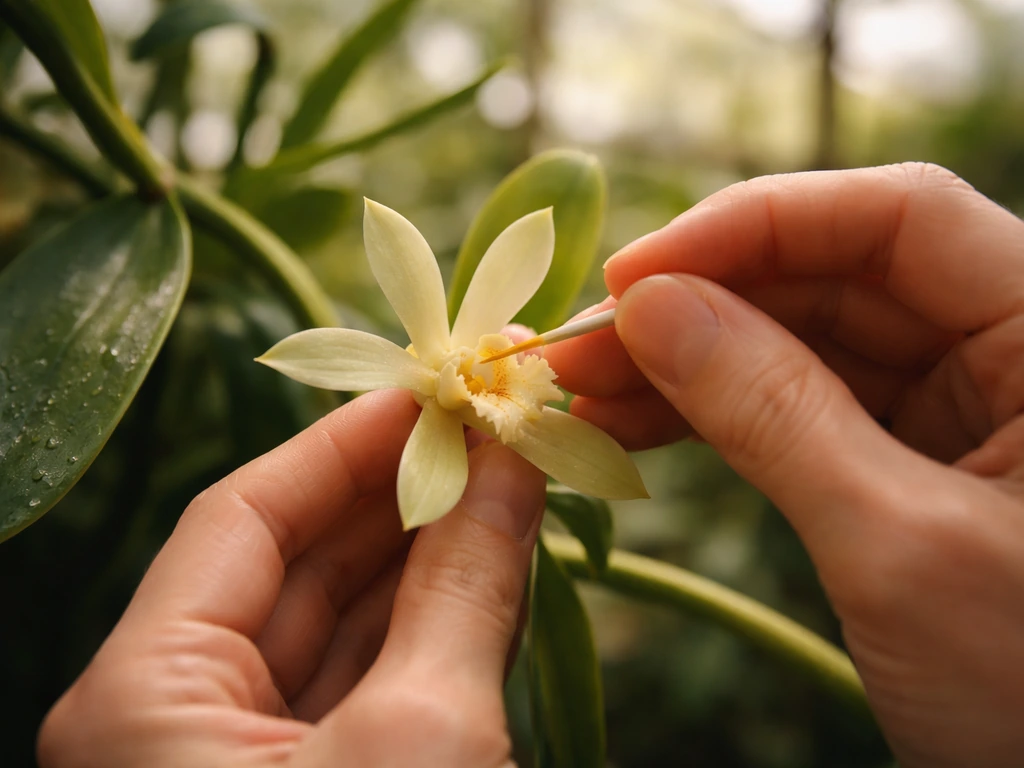 Close-up of hands hand-pollinating a vanilla orchid flower in a greenhouse.