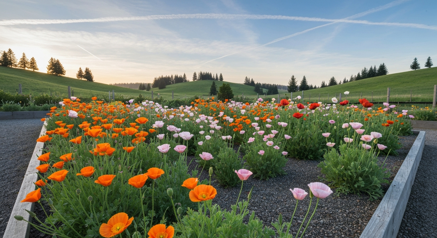 Willamette Valley garden bed in spring with mixed poppies (California, Iceland, Oriental) blooming in a raised gravelly bed.