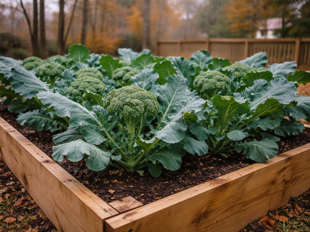 Lush broccoli plants in a Georgia garden bed under cool autumn light, ready for harvest.