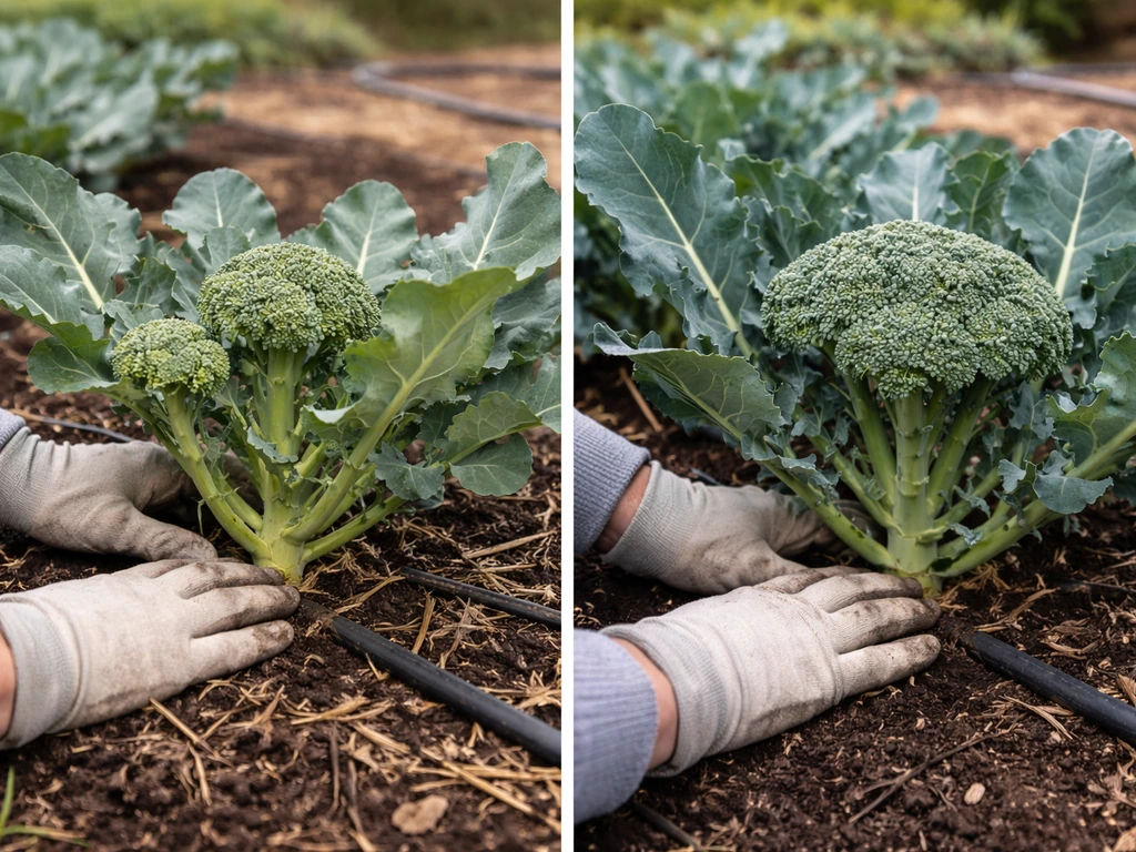 Side-by-side garden beds showing smaller spring broccoli under pale light and sturdier fall broccoli in cooler tones