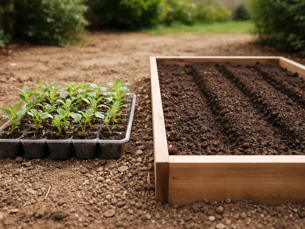Indoor seedling trays beside a raised garden bed with open furrows for direct sowing in Georgia