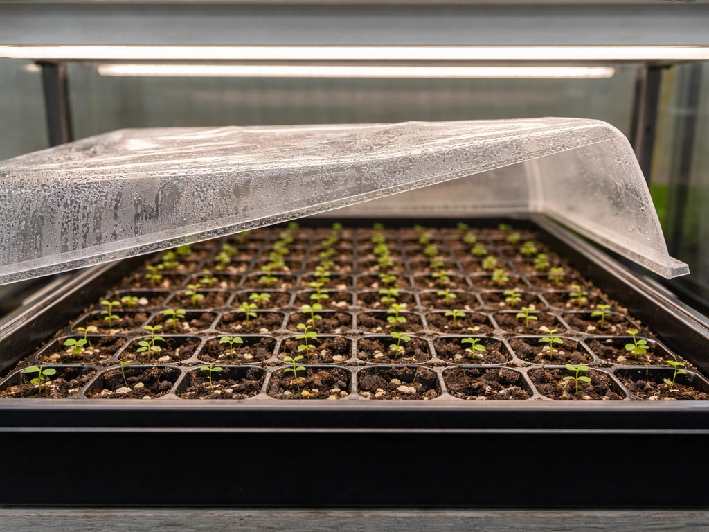 Greenhouse seed trays with emerging seedlings under grow lights in a warm indoor setup