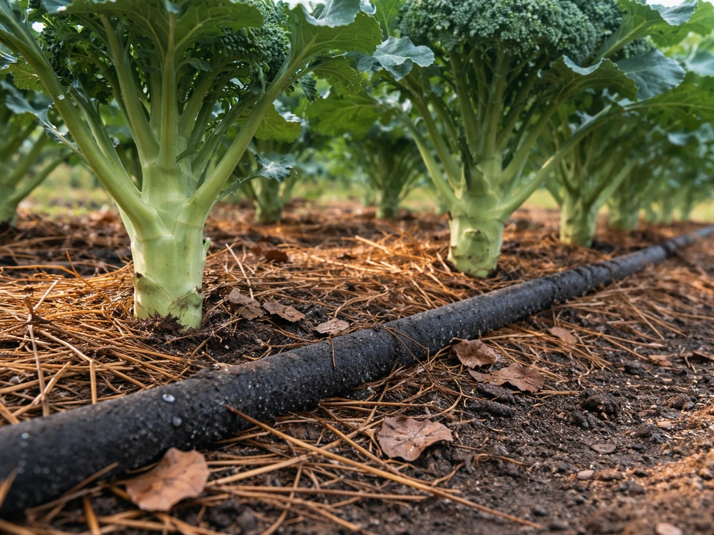 Close-up of broccoli bases in pine straw mulch with a soaker hose watering moist soil.