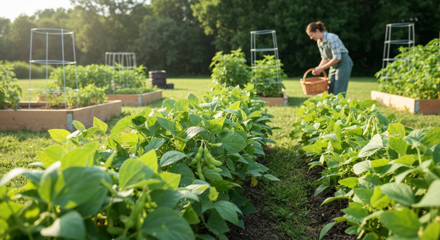 Home garden in Wisconsin with mature edamame plants and a gardener harvesting pods.