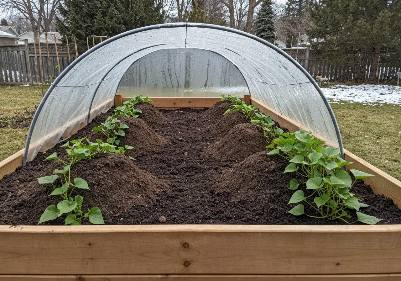 Frost-protected sweet potato plot in a Canadian raised bed with lush vines and earthen mounds in progress.