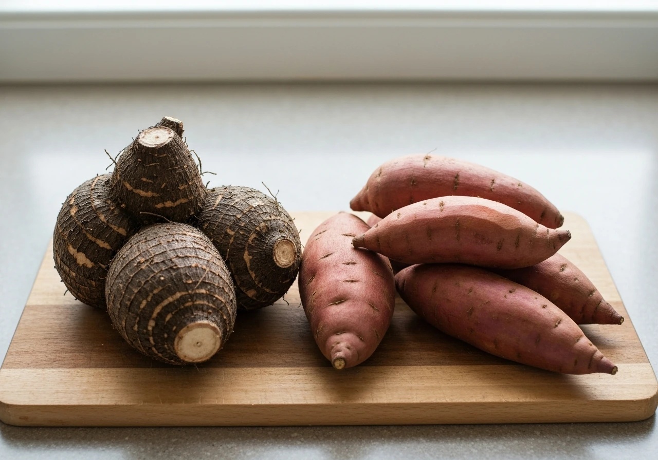 Two whole tubers side-by-side: dark-skinned yam-like tubers and lighter sweet potatoes with different shapes.