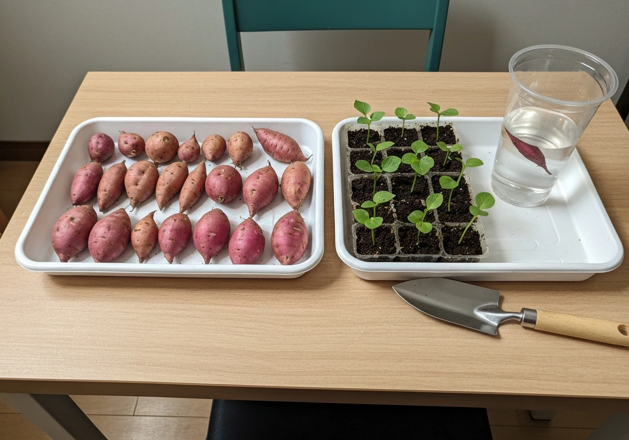 Indoor tray showing sweet potato tubers and rooted slips for starting varieties.