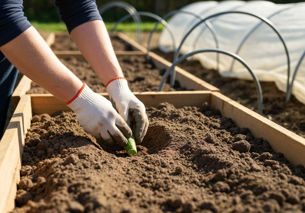 Gloved hands plant sweet potato slips in a warm raised bed with hoops and row cover nearby.