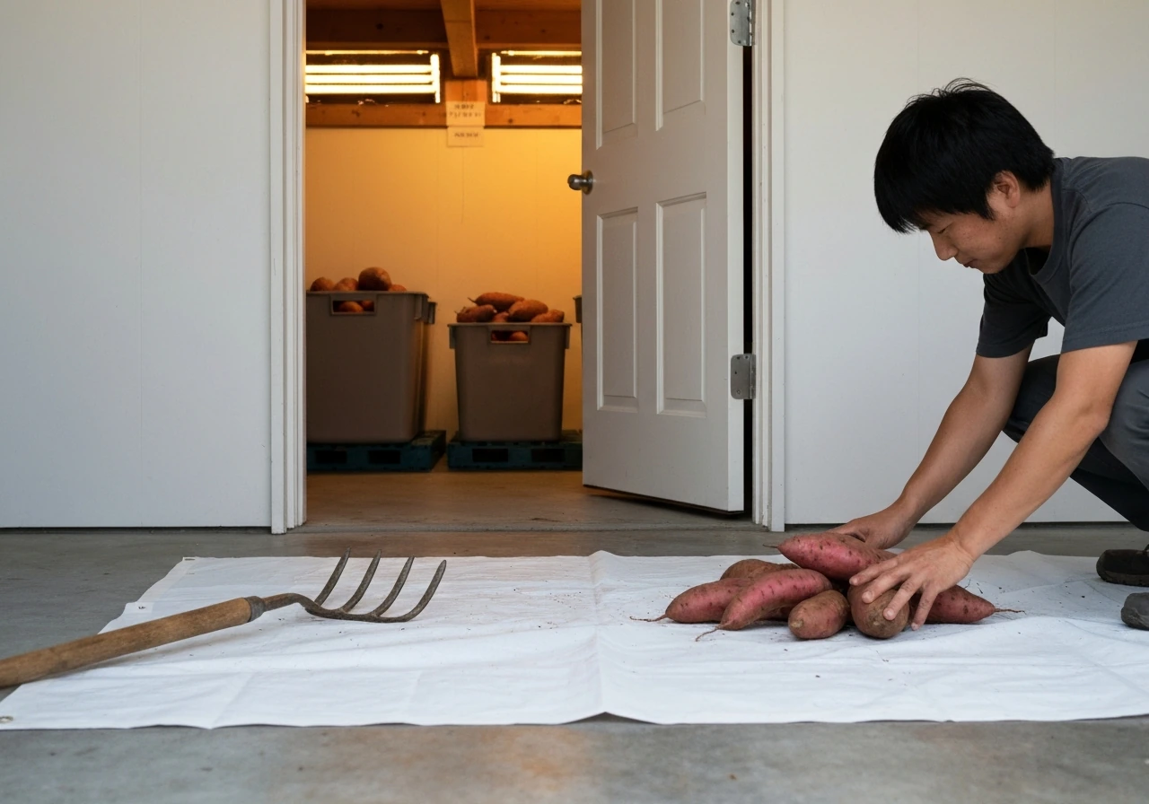 Freshly dug sweet potatoes laid on a clean tarp beside a ventilated curing room for winter storage.