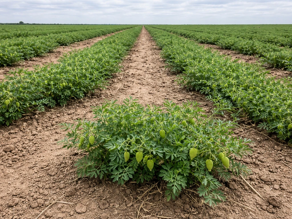 Texas lentil field with early pods forming on low plants in cool-season growth, clear rows and patches.