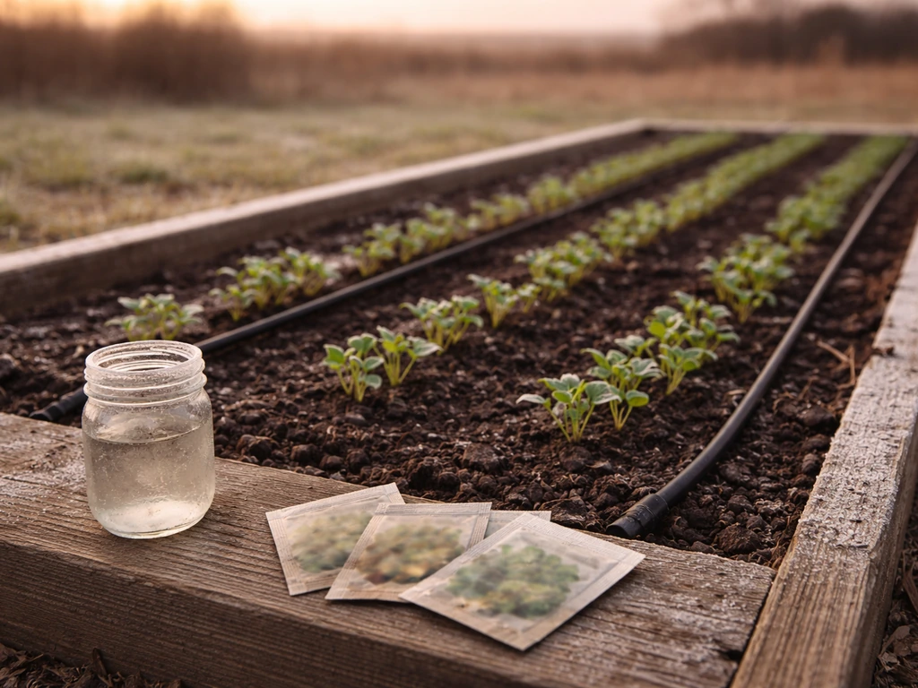 Minimal photo of a backyard garden bed with labeled climate notes implied by objects, suggesting Texas lentil planting w