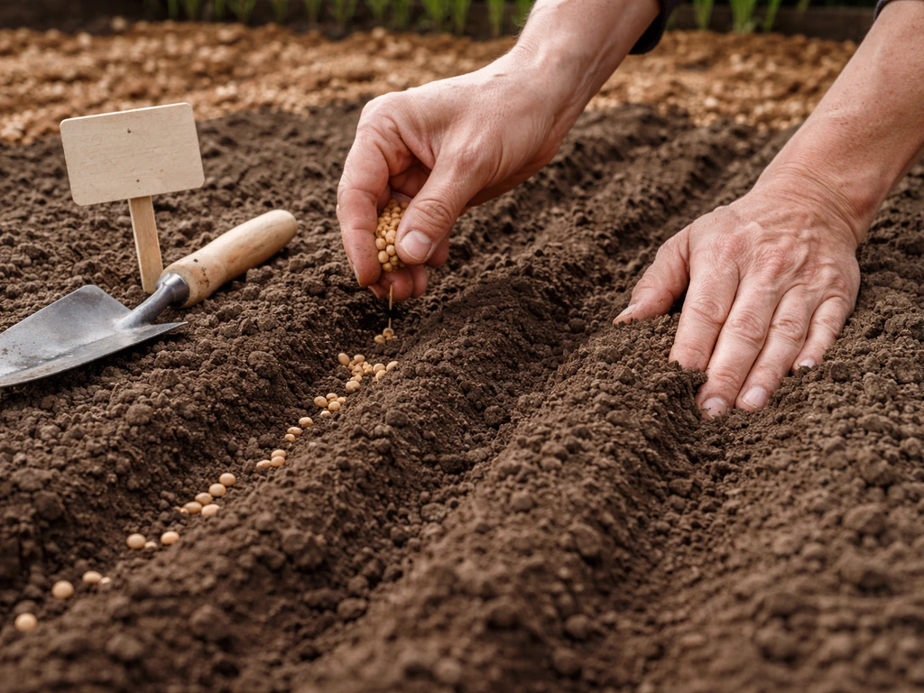 Gardener’s hands sowing lentils in a prepared seedbed with a clean, shallow soil cover.