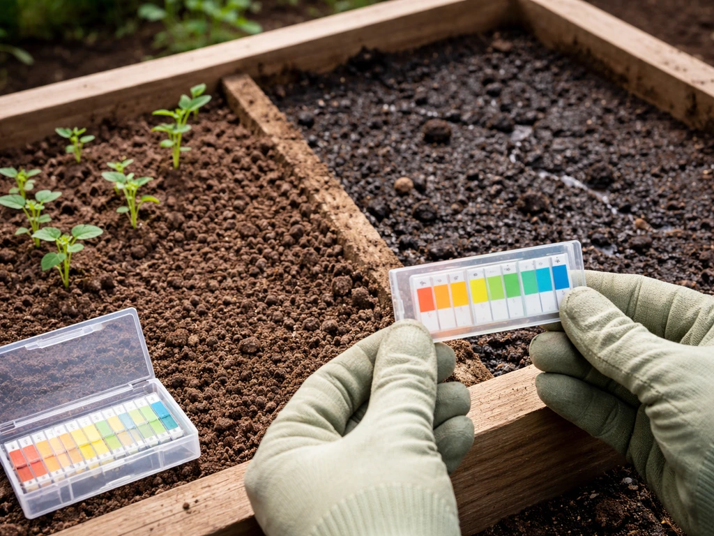 Close-up of two soil beds—crumbly vs waterlogged—next to a soil pH strip test kit in a garden.