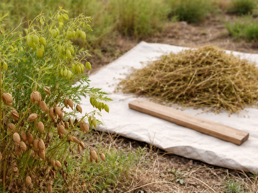 Lentil plant with mixed tan-brown and yellow-green pods beside a simple drying/threshing setup