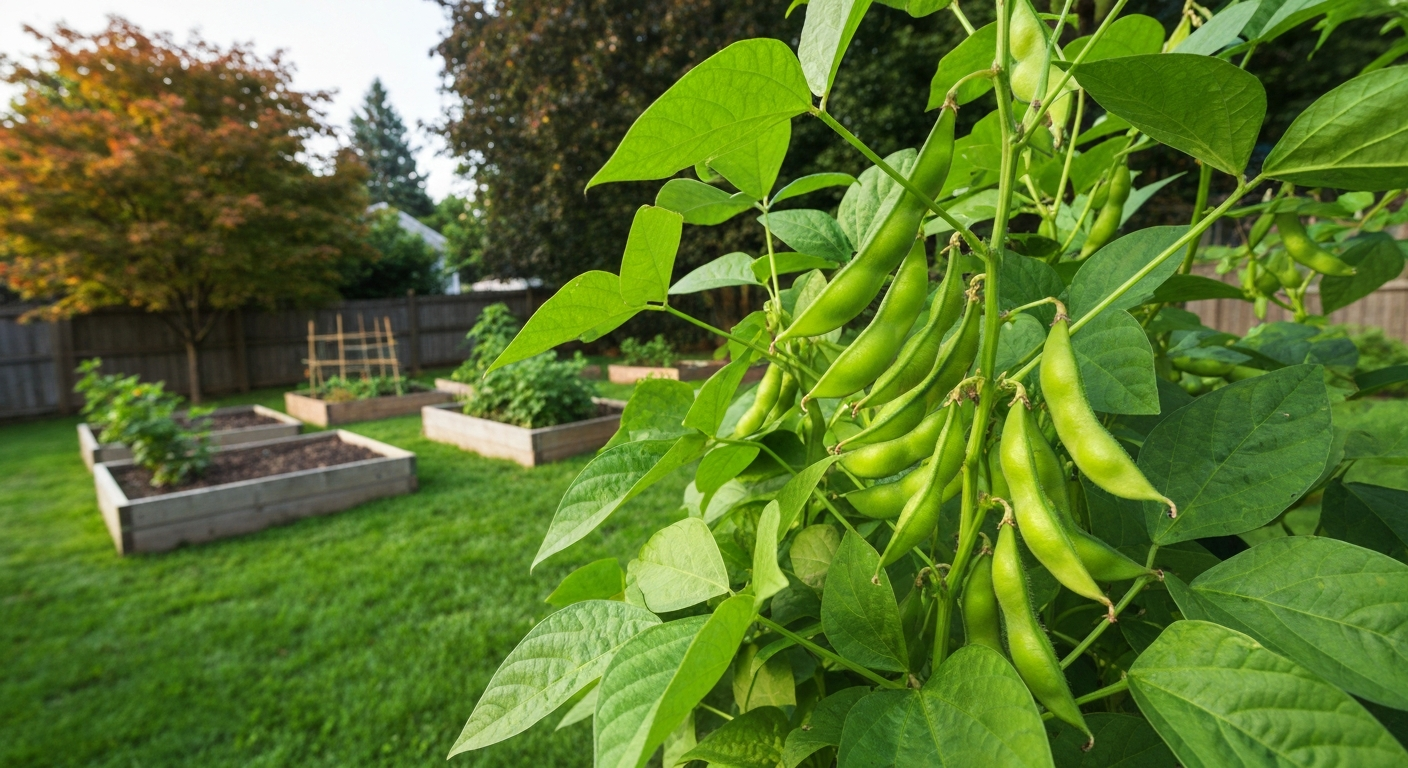 Close-up of edamame plant with plump green pods in a Canadian backyard garden