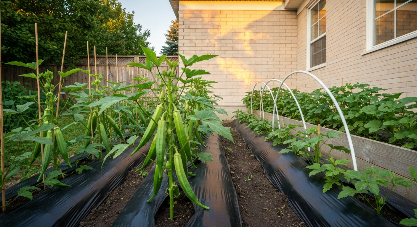 Raised garden bed in a Canadian backyard with healthy okra plants, black plastic mulch and a low hoop tunnel, bathed in warm sunlight — illustrating ideal microclimate for okra in Southern Ontario.
