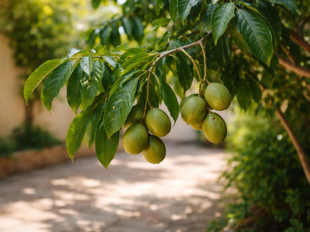 Sunlit quenepa tree with dark-green leaves and hanging oval fruits in a warm tropical courtyard.