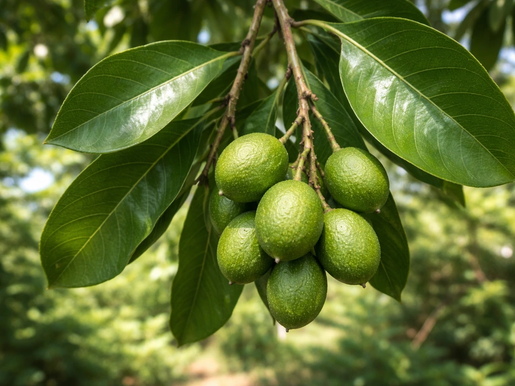Close-up of quenepa fruit clusters and glossy leaves on a tropical tree branch.