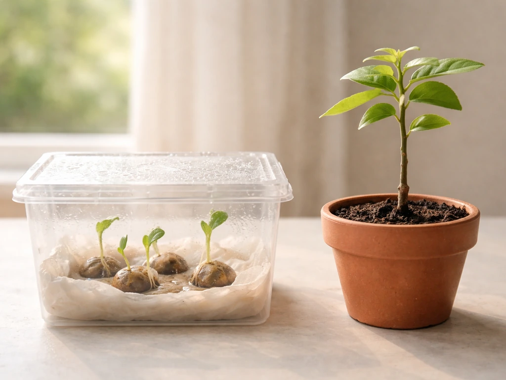 Two small quenepa plants—fresh seed sprout in a germination setup and a young grafted tree in a pot