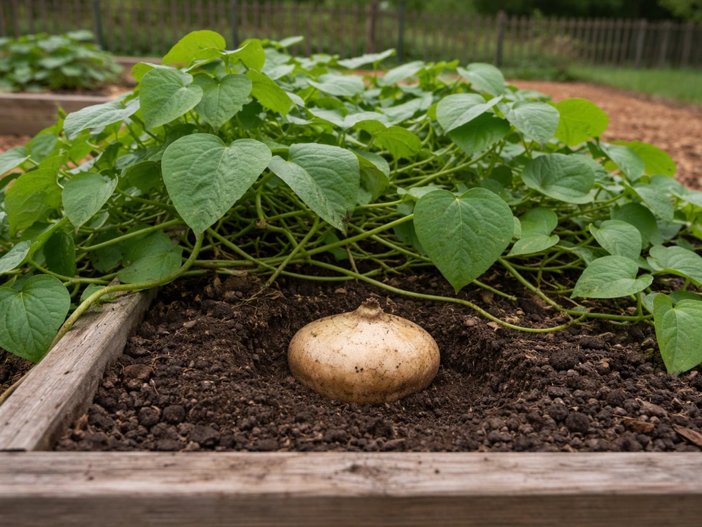 Jicama vine spilling over raised soil bed with a partially exposed underground tuber in cool Minnesota garden