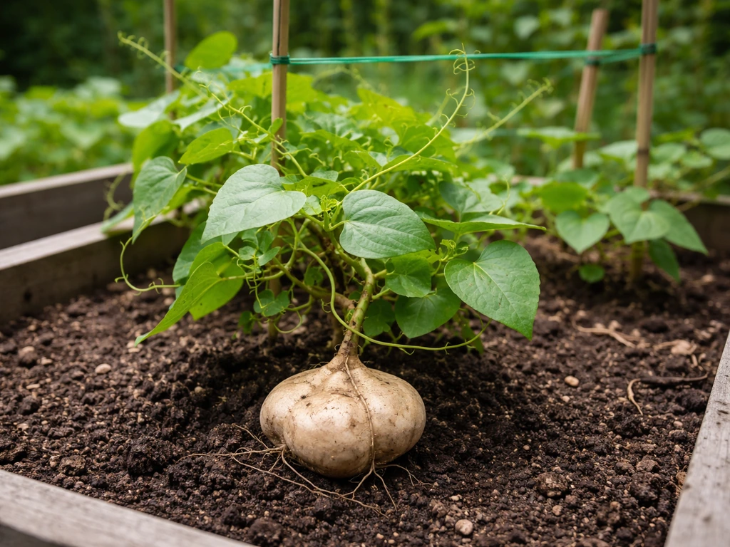Jicama vine with bean-like leaves growing in a raised garden bed with moist soil.