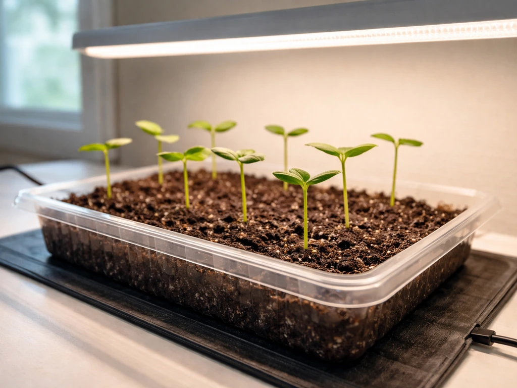 Jicama seed-starting trays indoors under grow lights, showing small sprouts and seedling mix.