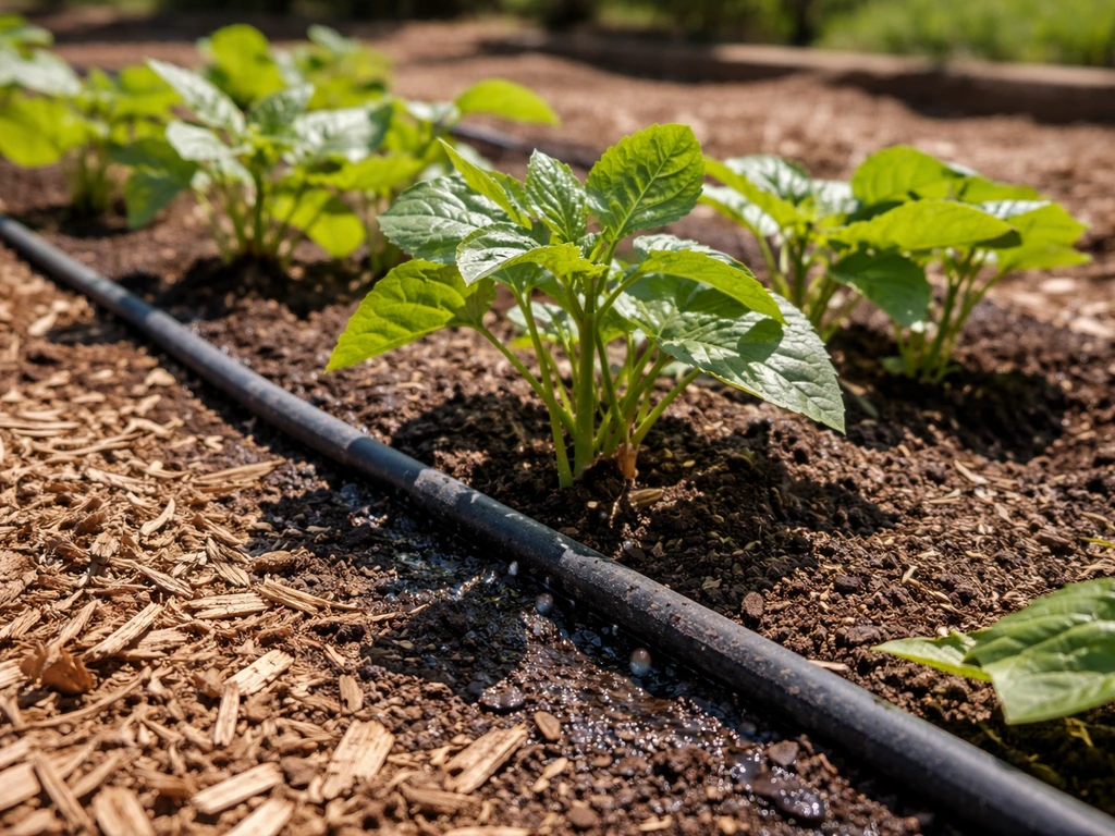 Drip irrigation line watering jicama bed under full sun with dry mulch and warm garden soil