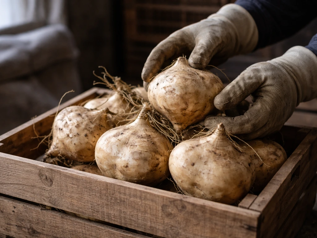 Freshly harvested jicama tubers in a wooden crate with careful gloved handling, then a cool storage setting behind.