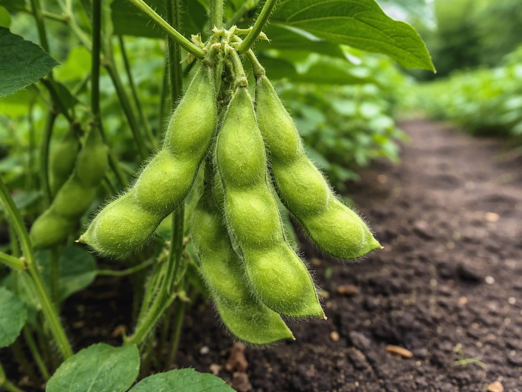 Fresh edamame pods on a backyard plant in Minnesota, with visible soil rows in the background.