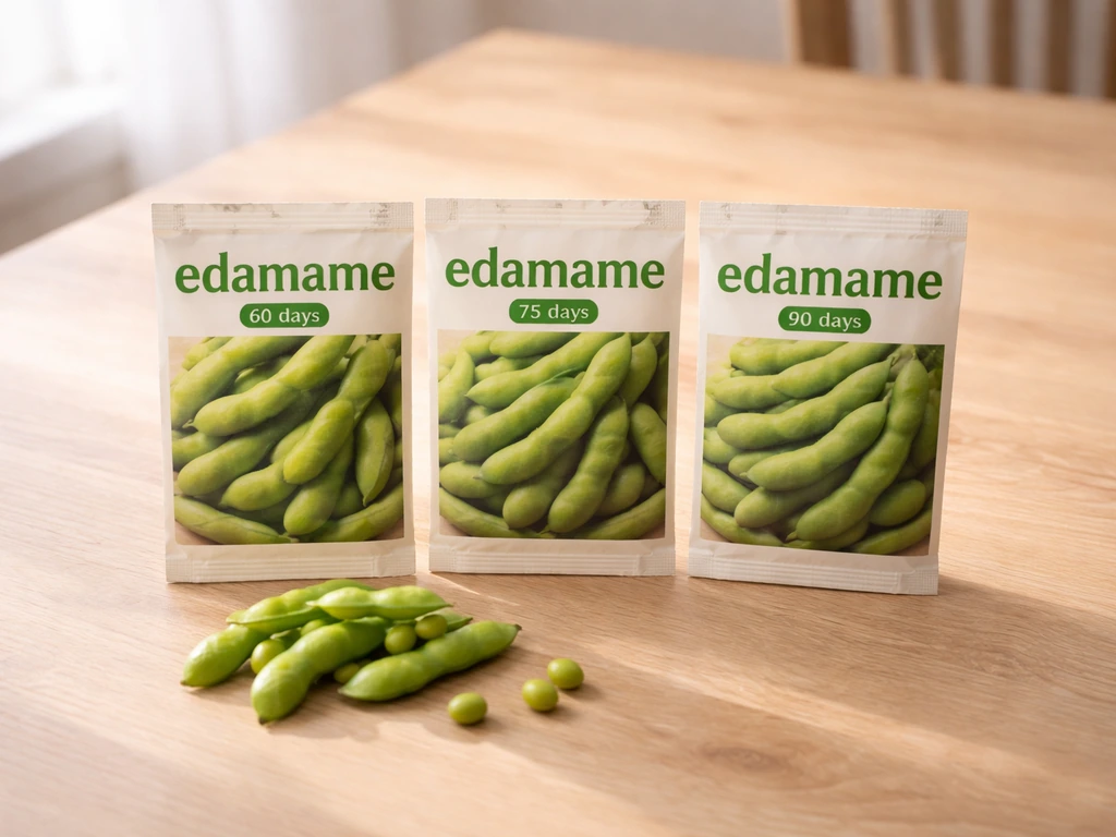 Three short-season edamame seed packets laid on a kitchen table, with natural light highlighting days-to-maturity concep