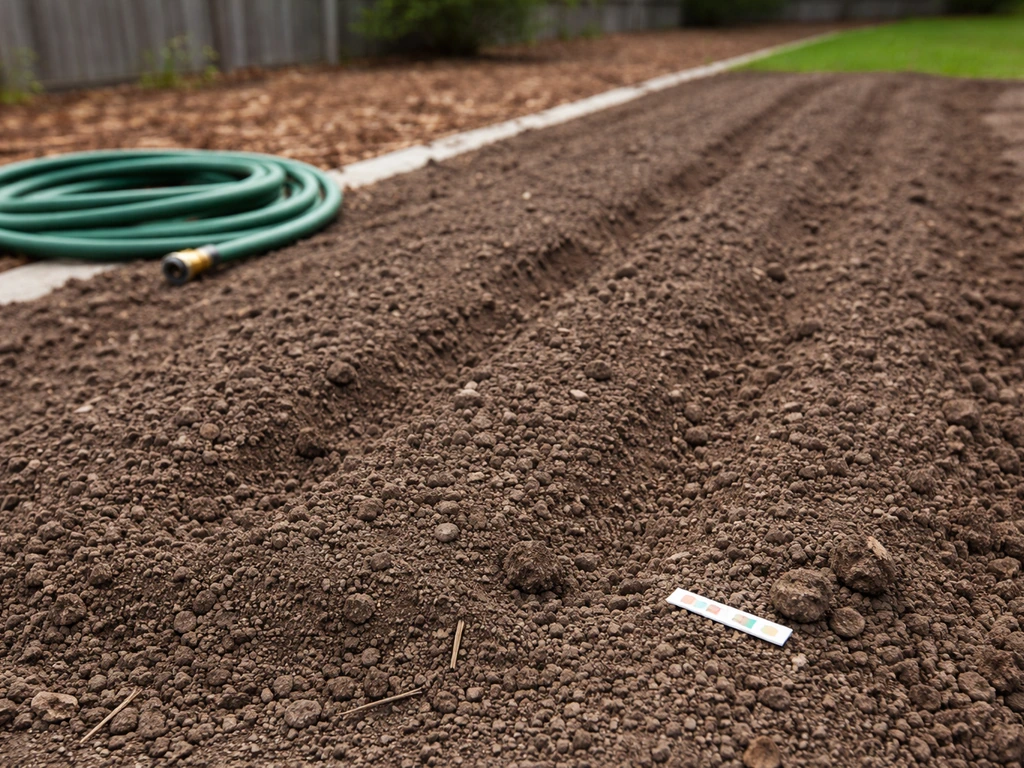 Raised edamame garden bed with textured soil and optional pH test strip beside it for drainage needs.