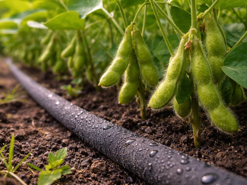 Soaker hose watering edamame plants with visible pod-stage pods beside moist soil.