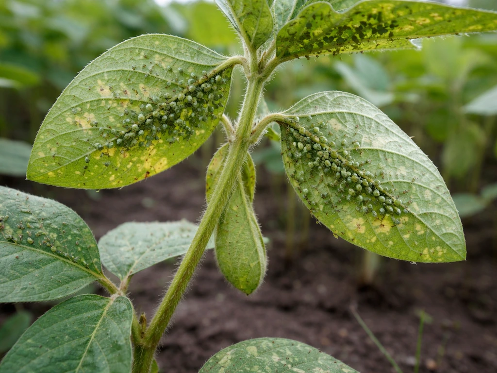 Close-up of green aphids clustering on underside of soybean leaves with minor leaf yellowing and distortion