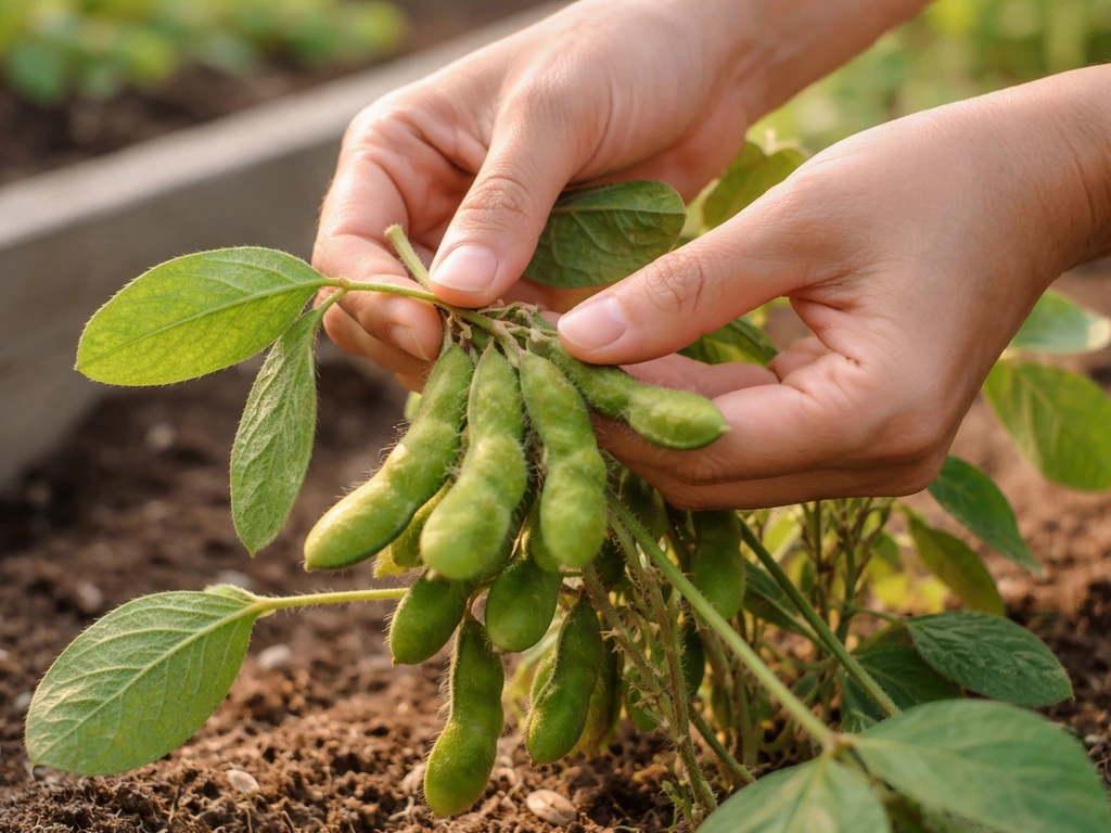 Anonymous hands pick fully developed green edamame pods from a home garden plant.