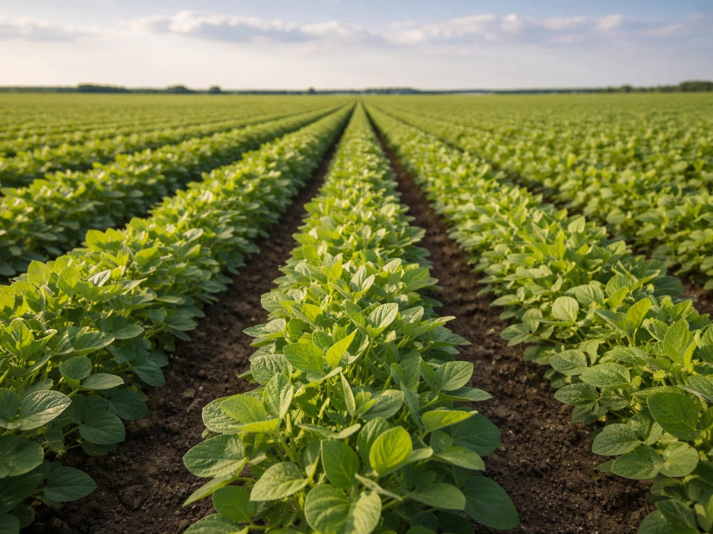 Green soybean plants in neat rows in a warm early-summer field before flowering