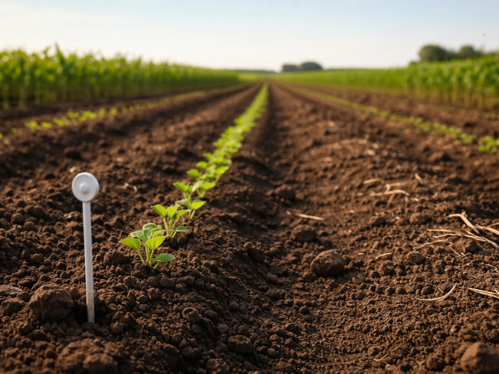 Soybean field edge with distant corn lines and a simple dark soil thermometer marker, outdoors in Midwest summer light.