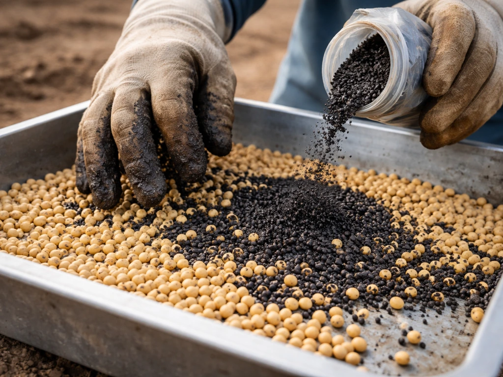 Close-up of soybean seeds being coated with inoculant from a jar in a farm planting setup