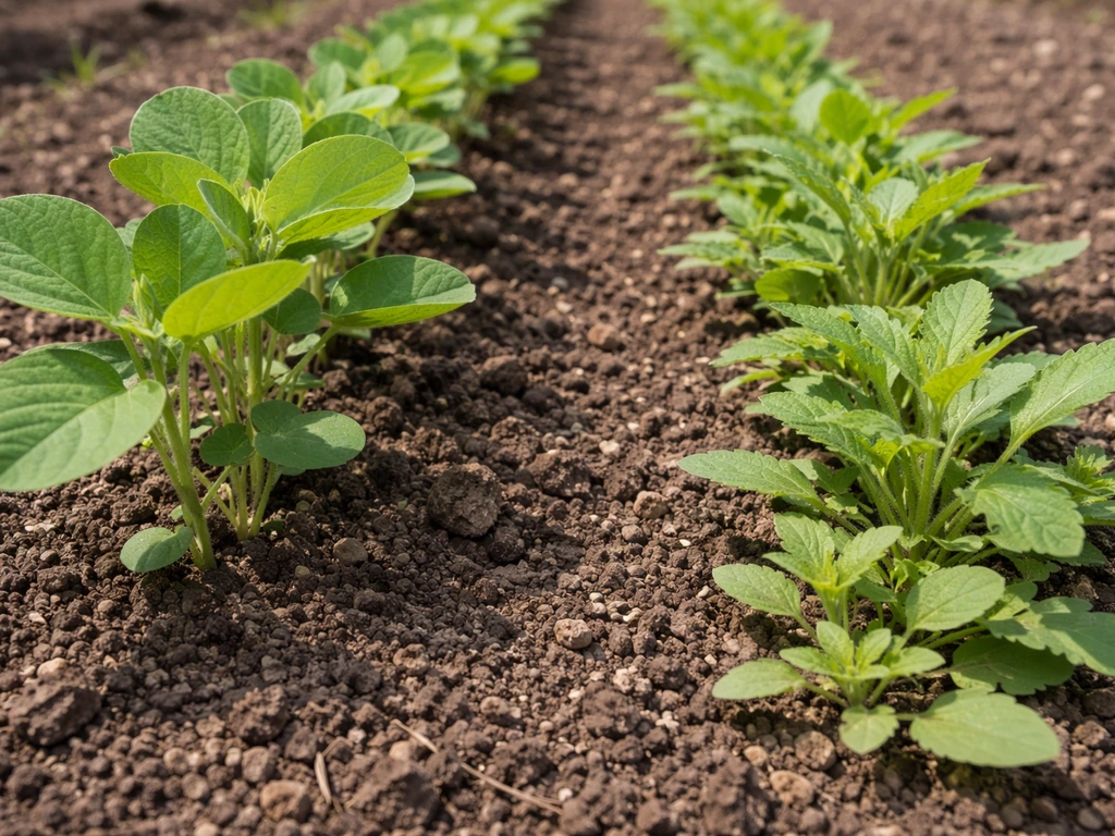 Young soybean seedlings growing beside early weeds in a simple garden row, clear crop/weed contrast.