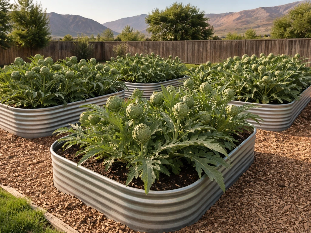 Healthy globe artichoke plants growing in raised beds in a Utah backyard under clear sky
