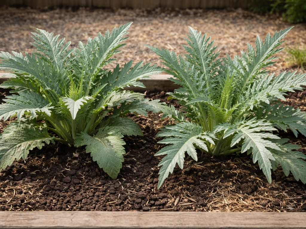 Two globe artichoke plants growing side-by-side in a simple garden bed