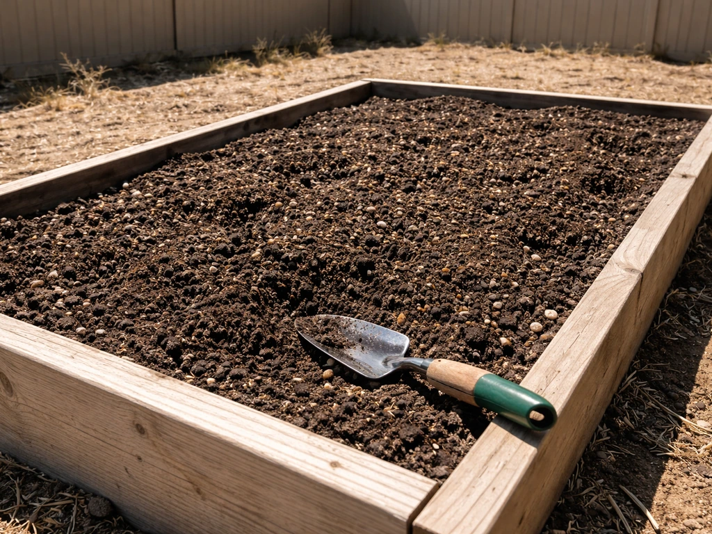 Raised garden bed with dark amended soil and compost, mixed with drainage material in sunny arid yard.