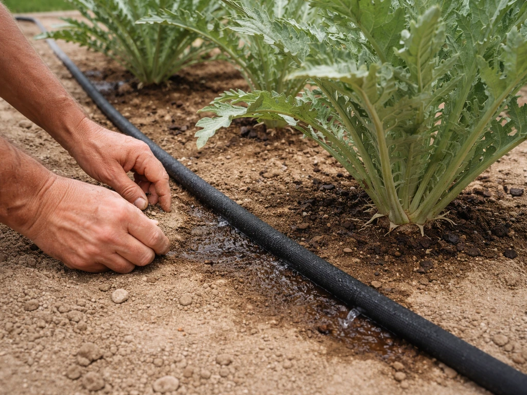 Hands adjusting a drip line beside artichoke plants, keeping soil moist without wetting the crowns