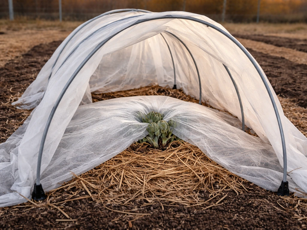 Artichoke crown overwintering setup with mulch and a frost blanket over simple low hoops.