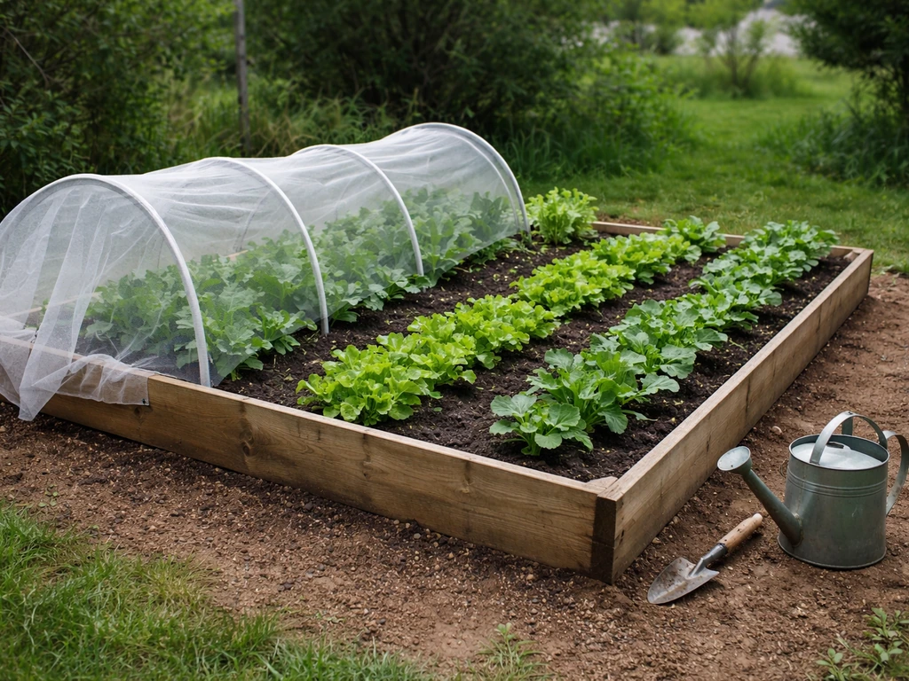 Raised bed and containers with leafy jicama plants under clear row cover in a Wisconsin backyard.