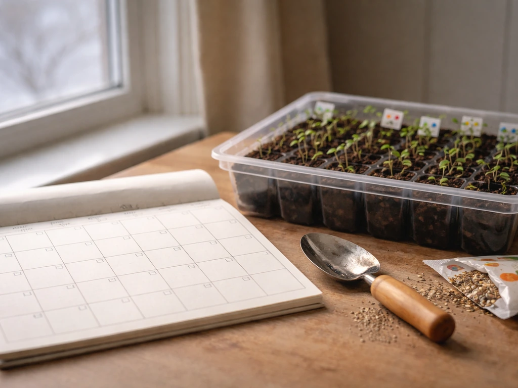 Open calendar and seed-starting tray with tiny seedlings near an early-May plan by a window.