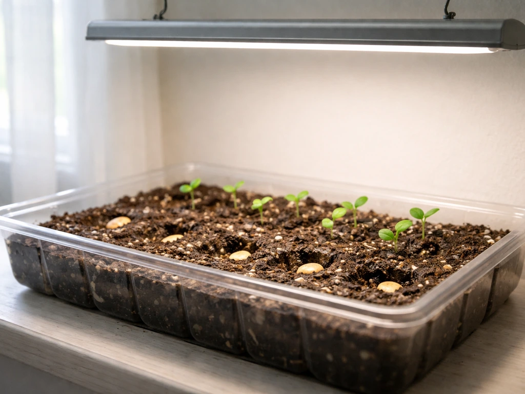 Jicama seeds and small seedlings in a simple tray under an overhead grow light indoors.