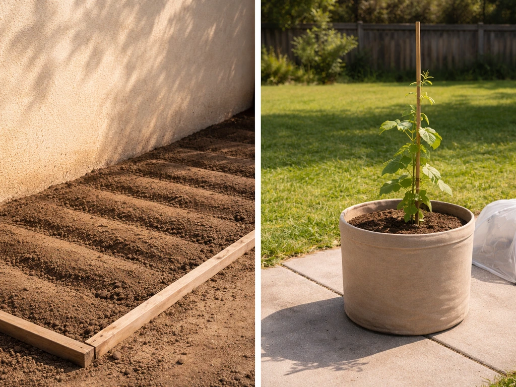 Side-by-side view of a sunny south-facing jicama bed and a movable container garden in Wisconsin.
