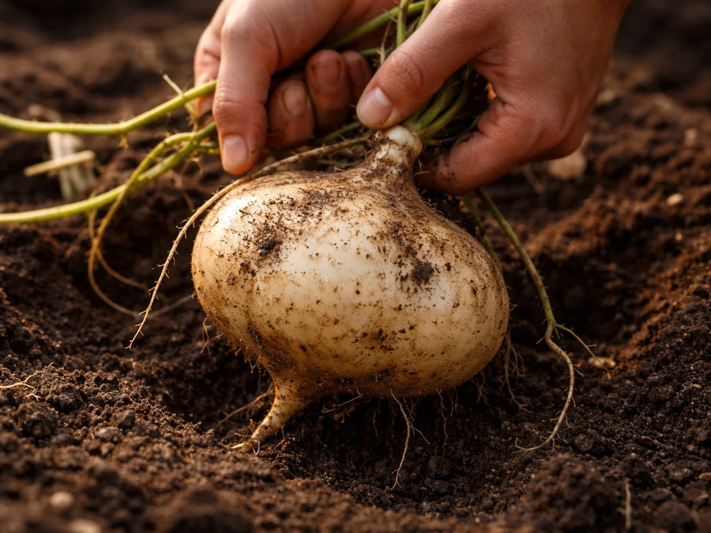 Hand pulls freshly harvested jicama tubers from soil; clean tuber skin close-up, vines trailing